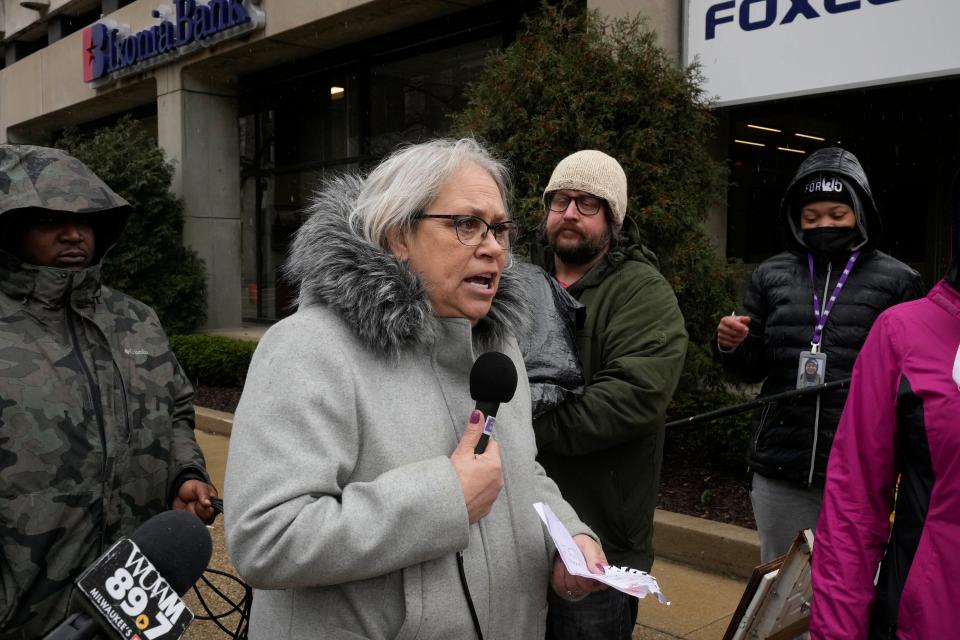 Representative Christine Sinicki speaks as part of a demonstration outside of Foxconn Wisconsin headquarters in Milwaukee Monday. Sinicki criticized former Lt. Gov. Rebecca Kleefisch for supporting the project which has fallen far short of job creation promises.