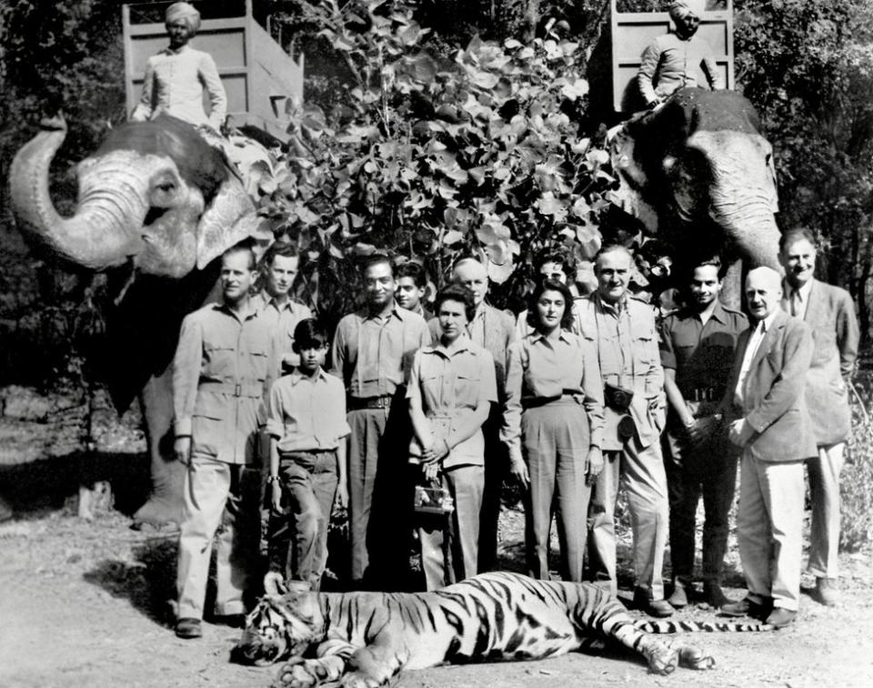 Fotos do casal real em uma ca&#xe7;a a um tigre na &#xcd;ndia em 1961, com a companhia de ca&#xe7;a e um tigre morto na frente