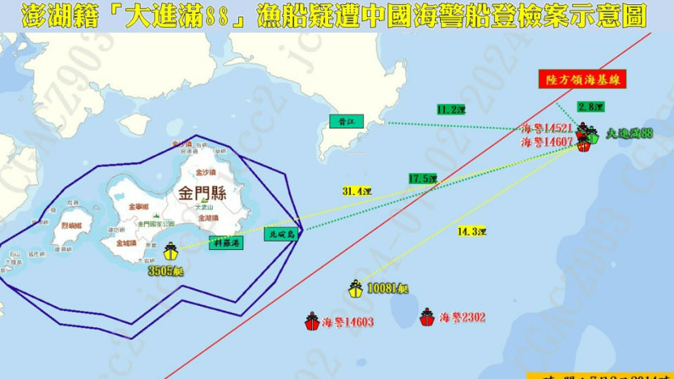 澎湖籍「大進滿88」漁船疑遭中國海警船登檢案示意圖。海巡署提供