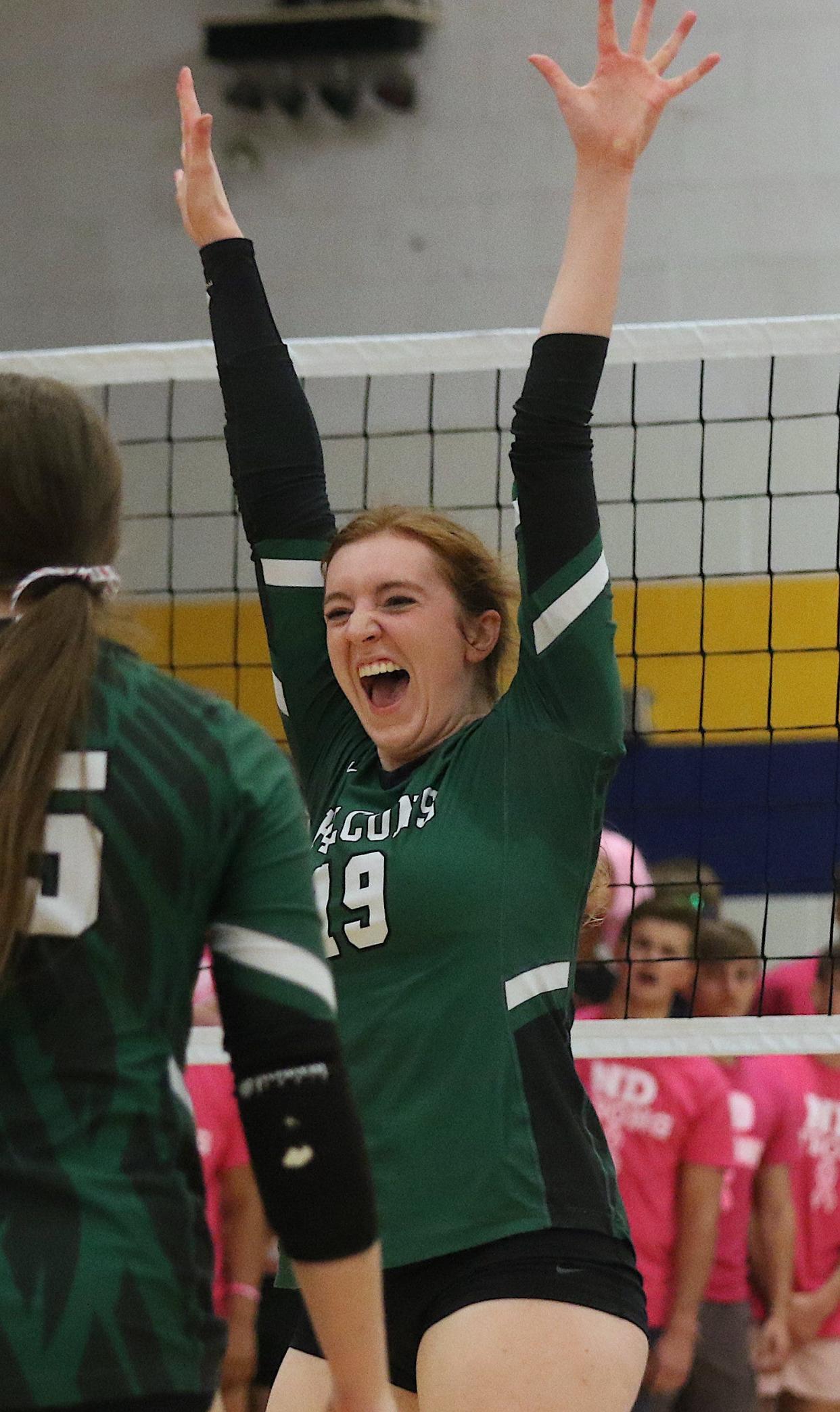West Burlington’s Sophia Armstrong (19) celebrates the game two win against Notre Dame Tuesday in Burlington.