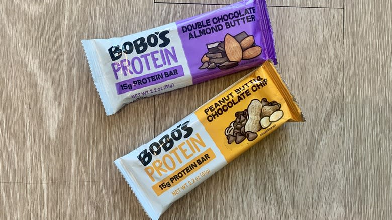 Bobo's protein bars on table