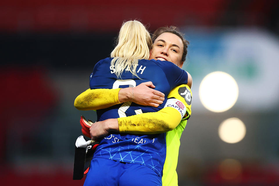 BRISTOL, ENGLAND - JANUARY 28: Mackenzie Arnold and Kirsty Smith of West Ham United celebrate following the team's victory during the Barclays Women's Super League match between Bristol City and West Ham United at Ashton Gate Stadium on January 28, 2024 in Bristol, England. (Photo by Ben Hoskins - The FA/The FA via Getty Images)