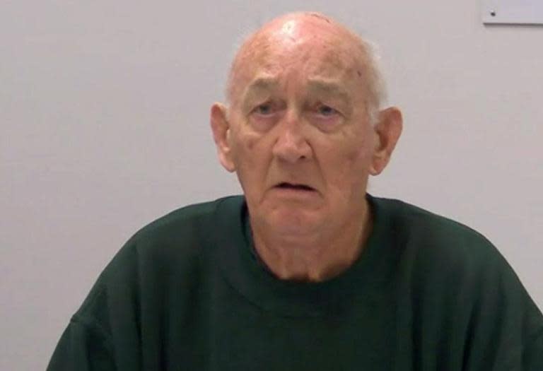 Paedophile priest Gerald Ridsdale, shown via videolink from jail during a hearing held by the Royal Commission into Institutional Responses to Child Sexual Abuse in Ballarat, Australia on May 27, 2015