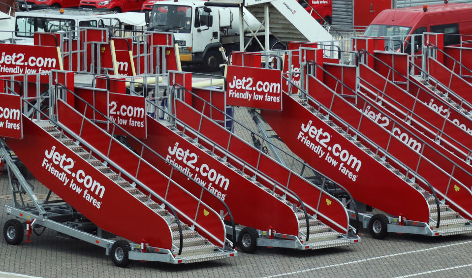 Jet2.com aircraft boarding stairs are stored at Stansted airport in Stansted, Britain. Photo: Russell Boyce/Reuters