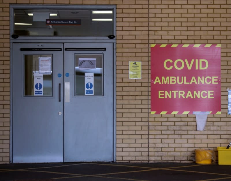 The COVID-19 ambulance entrance is seen at Frimley Park Hospital in Surrey
