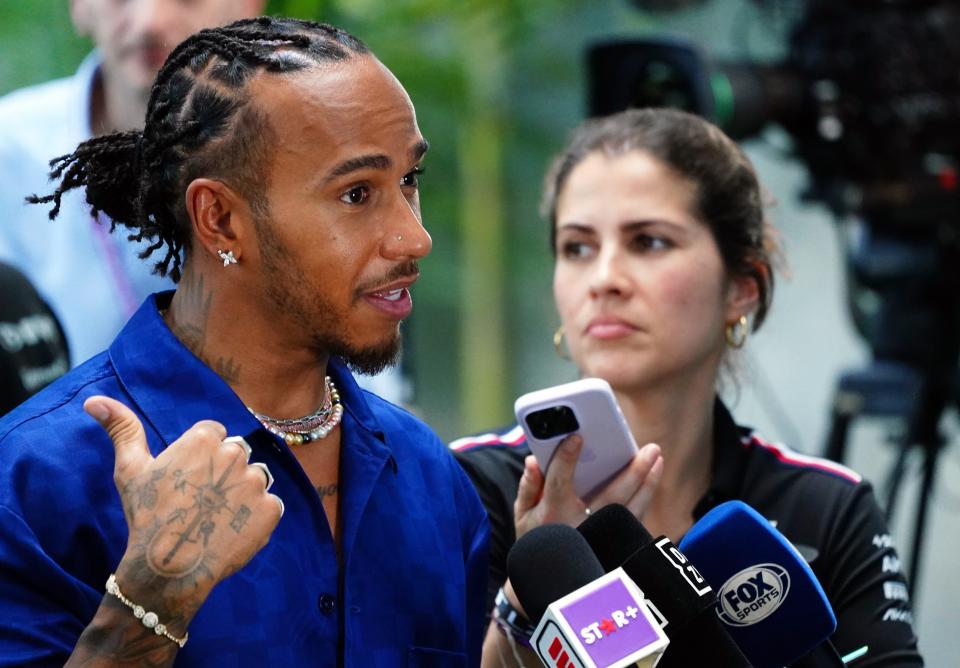 Mercedes driver Lewis Hamilton (44) of Great Britain talks with the media Thursday during an interview session at Miami International Autodrome in Miami Gardens.