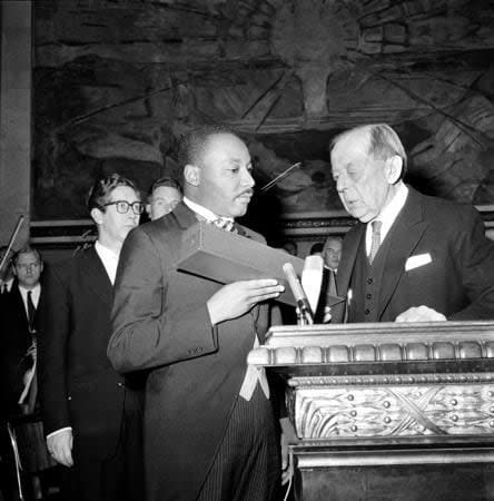 In 1964, King received the Nobel Peace Prize from the hands of Gunnar Jahn, Chairman of the Nobel Committee, in Oslo, Norway. At the time he was the youngest man ever to receive the prize. (File photo/AP)