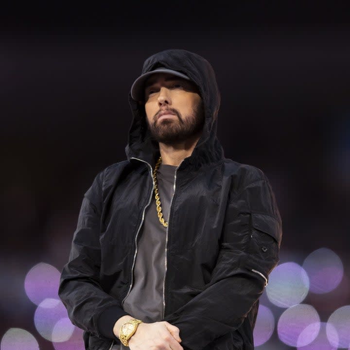 Eminem rapping during the halftime show of the Superbowl