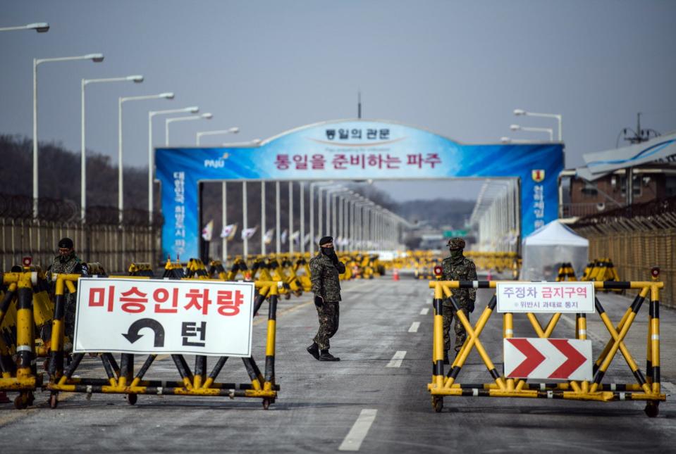 PANMUNJOM, SOUTH KOREA - FEBRUARY 07:  South Korean soldiers patrol the road connecting South and North Korea at the Unification Bridge near the Demilitarized Zone (DMZ) near Panmunjom, South Korea.