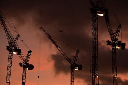 A plane flies behind cranes standing on construction sites, at dusk in London, December 9, 2013. REUTERS/Toby Melville/File Photo