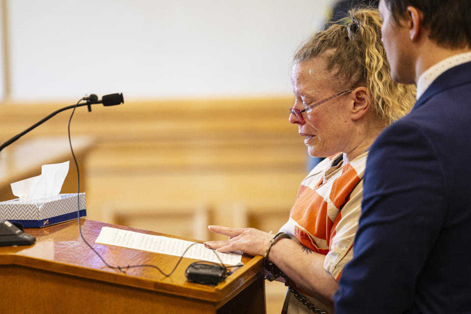 Mandy Benn addresses the court before she is sentenced at Ionia County Courthouse in Ionia, Mich., Tuesday, Dec. 12, 2023. Benn struck bicyclists that were riding in a July 2022 fundraiser for Make-A-Wish Foundation. Two cyclists Edward Erickson, 48, of Ann Arbor, and Michael Salhaney, 57, of Bloomfield Hills, died from the crash. (Joel Bissell/MLive.com/Kalamazoo Gazette via AP)