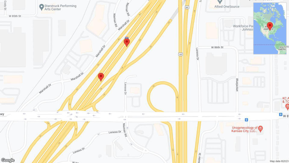 A detailed map that shows the affected road due to 'Broken down vehicle on eastbound I-35 in Lenexa' on October 16th at 5:44 p.m.