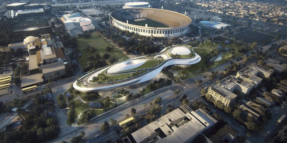 This concept design provided by the Lucas Museum of Narrative Art shows a rendering of their proposed museum in Exposition Park in Los Angeles. In January George Lucas, the legendary filmmaker, is expected to decide whether he will put a museum for his extensive personal art collection in San Francisco or Los Angeles, after other attempts were upended by community opposition. (Lucas Museum of Narrative Art via AP)