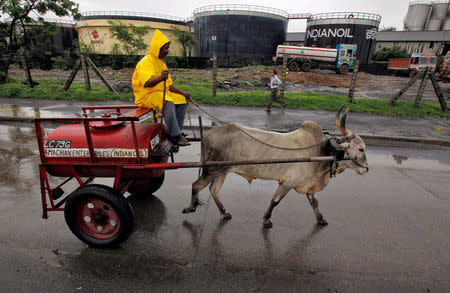 FILE PHOTO: A worker transporting kerosene in a bullock cart travels past Indian Oil Corporation's fuel depot in Mumbai July 8, 2010. REUTERS/Danish Siddiqui/File Photo