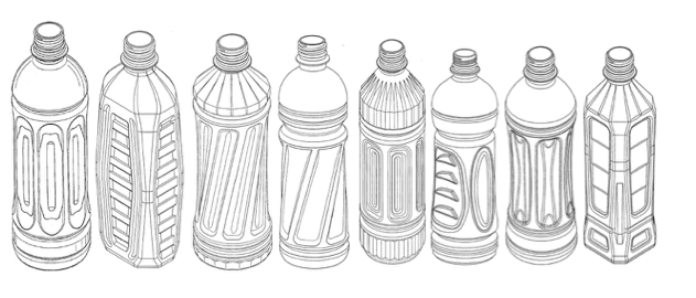 宏全客製化各個瓶身造型，取得專利，可以耐90℃熱充填不變形，也能完全吸收熱充填時所產生正壓，以及冷卻後產生的負壓，同時減輕重量。（宏全提供）。