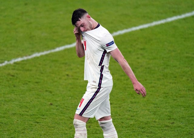 England’s Declan Rice walks off dejected as he is substituted during the Euro 2020 final