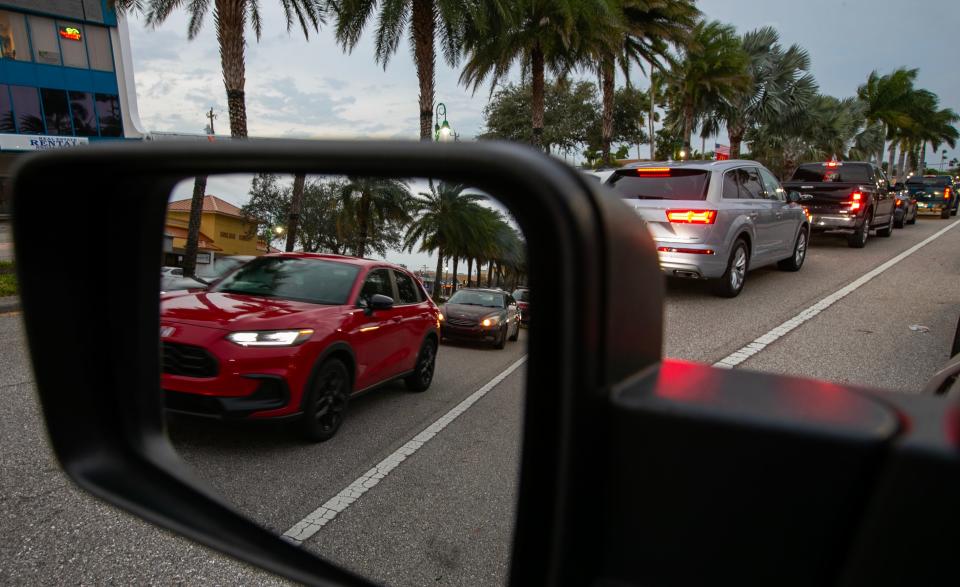 A view of congested traffic along the westbound lanes of Cape Coral Parkway near the Del Prado Blvd. intersection photographed on Tuesday, January 9, 2024.