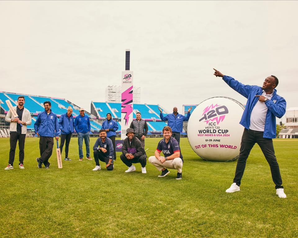 Usain Bolt strikes a pose with cricket stars and U.S. sport stars at the unveiling of the Nassau County International Cricket Stadium on Long Island on May 15, 2024.