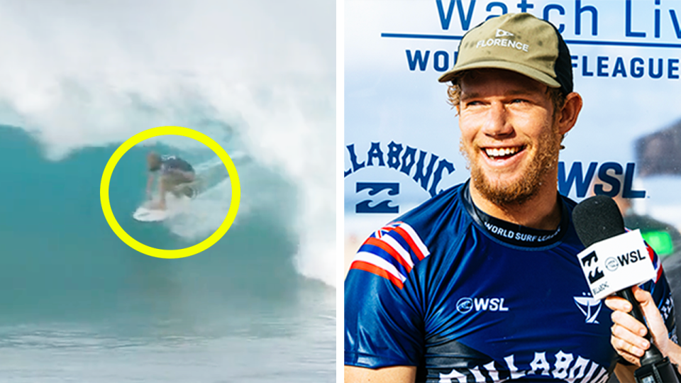Hawaain surfer John John Florence (pictured right) during an interview and (pictured left) Florence surfing at the Billabong Pro Pipeline.