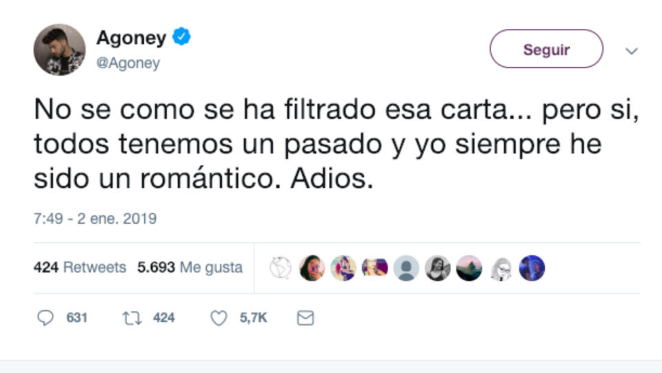 <p>El cantante canario lo reconoció en Twitter para sorpresa de sus seguidores. “Yo siempre he sido un romántico”, tuiteó. (Foto: Twitter / <a rel="nofollow noopener" href="https://twitter.com/Agoney/status/1080491248631320581" target="_blank" data-ylk="slk:@Agoney;elm:context_link;itc:0;sec:content-canvas" class="link ">@Agoney</a>). </p>