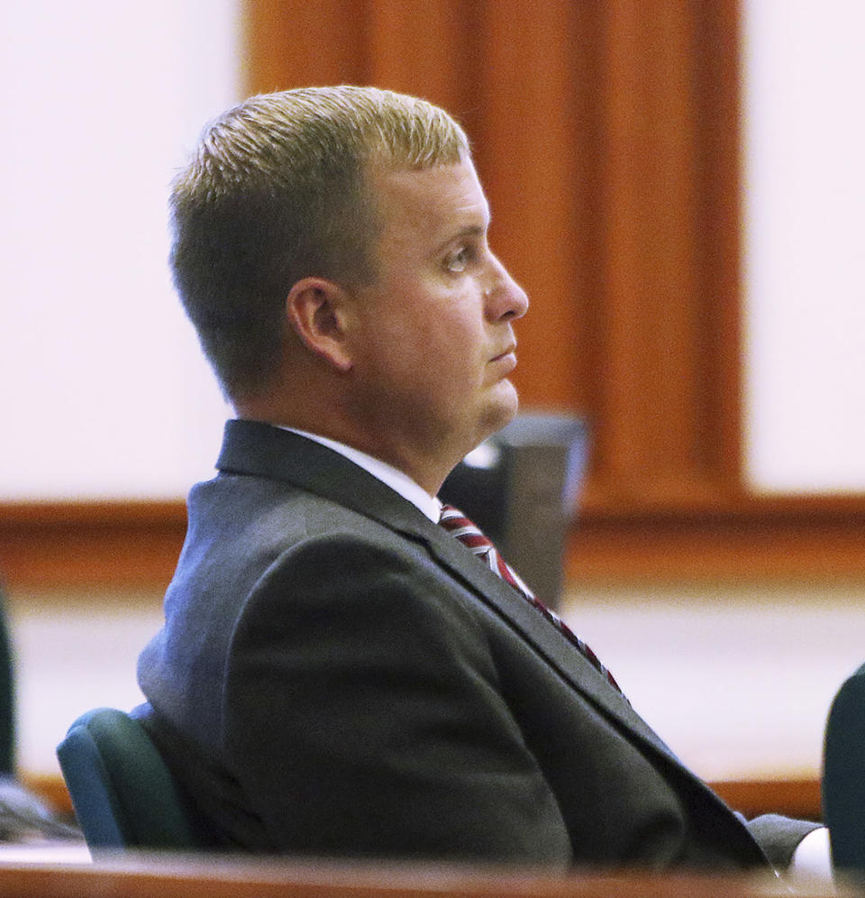 Former Idaho State Rep. Aaron von Ehlinger looks on from the defense table during the second day of testimony in his rape trial at the Ada County Courthouse, Wednesday, April 27, 2022, in Boise, Idaho. (Brian Myrick/The Idaho Press-Tribune via AP, Pool)