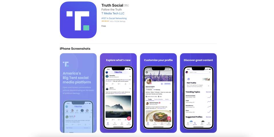 Screenshot of Truth Social's app offering in the Apple app store.