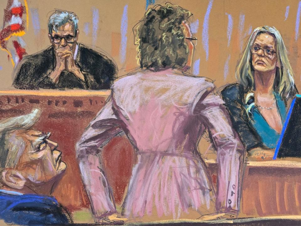 Former US president Donald Trump watches as Stormy Daniels is questioned by defense attorney Susan Necheles (REUTERS)