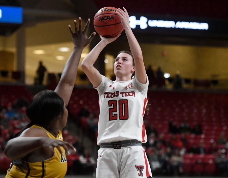 Texas Tech's guard Bailey Maupin (20) prepares to shoot the ball against Alabama State in a non-conference basketball game, Thursday, Dec. 1, 2022, at United Supermarkets Arena. 