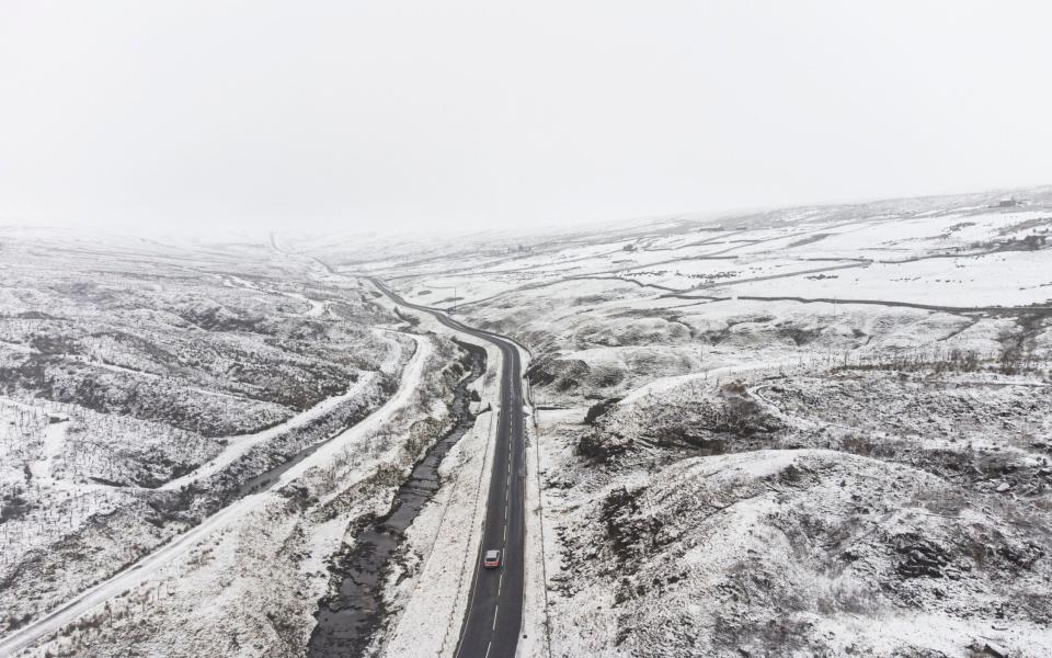 An aerial view of Killhope, County Durham, after snowfall on Monday