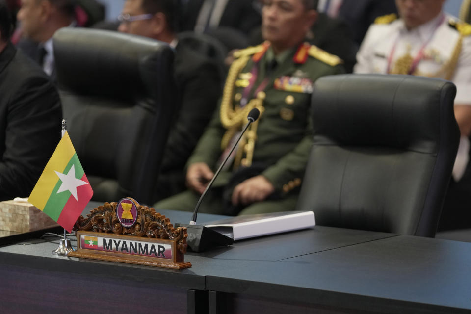 The seat reserved for the head of the delegation of Myanmar is left empty during the opening session of the Association of Southeast Asian Nations (ASEAN) Defense Ministers Meeting in Jakarta, Indonesia, Wednesday, Nov. 15, 2023. (AP Photo/Dita Alangkara, Pool)