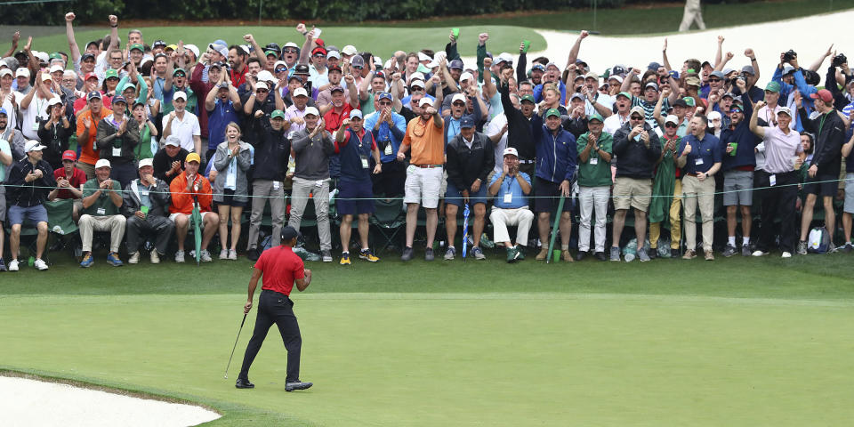 Tiger Woods reacts as he wins the Masters golf tournament Sunday, April 14, 2019, in Augusta, Ga. (Curtis Compton/Atlanta Journal-Constitution via AP)