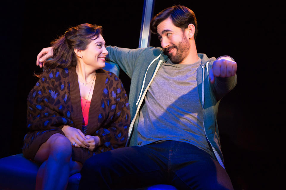 Max Crumm (right) stars opposite Lucy DeVito in the off-Broadway comedy "Hot Mess," which opened&nbsp;Thursday in New York City. (Photo: Jeremy Daniel)