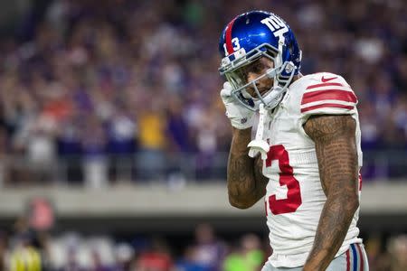 Oct 3, 2016; Minneapolis, MN, USA; New York Giants wide receiver Odell Beckham Jr. (13) looks on during the first quarter against the Minnesota Vikings at U.S. Bank Stadium. Mandatory Credit: Brace Hemmelgarn-USA TODAY Sports