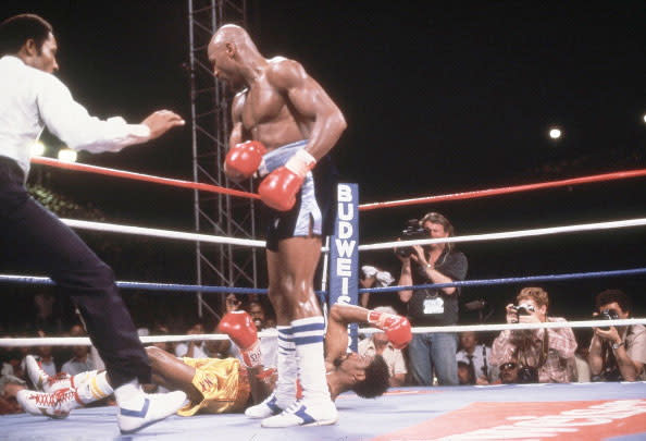5. Marvelous Marvin Hagler KO3 Thomas Hearns, April 15, 1985 – Regarded by many as the best short fight in boxing history, Hagler was too powerful for Hearns and proved it in this all-out slugfest. Hagler was cut in the third and knew he'd have to do something dramatic. Hagler landed a right hook to the head that staggered Hearns. Hagler literally ran across the ring after Hearns and cracked Hearns with a right. Hearns fell face first as Hagler celebrated a hard-fought win. (Photo credit: Getty)