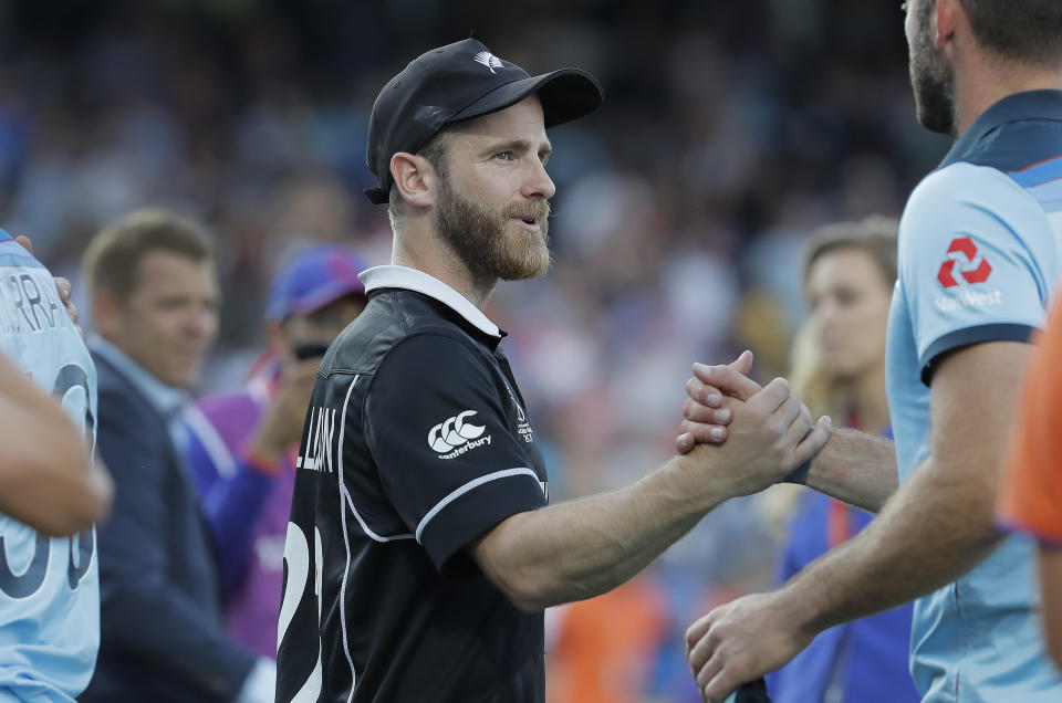 New Zealand captain Kane Williamson congratulates the England players just after the finish during the England v New Zealand ICC Cricket World Cup Final 2019 at Lords Cricket Ground on July 14th 2019 in London (Photo by Tom Jenkins/Getty Images)