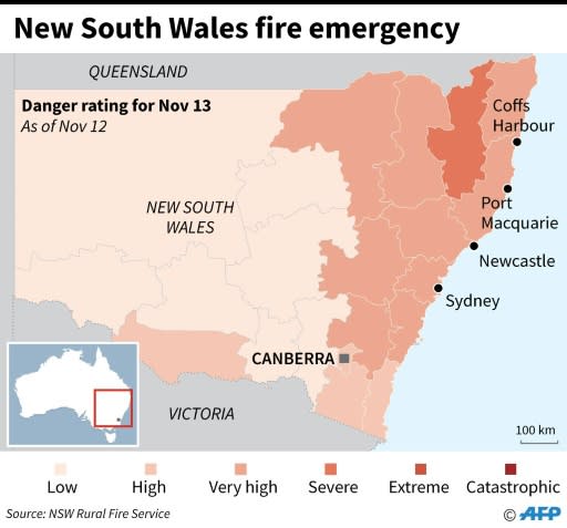 Map showing bushfire emergency warnings in Australia's New South Wales state as of November 12