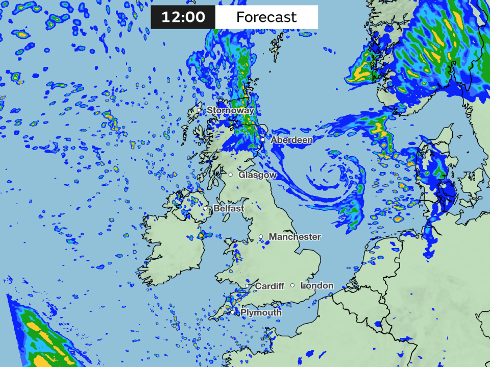 Rainfall forecast for 12pm Friday. (Met Office)