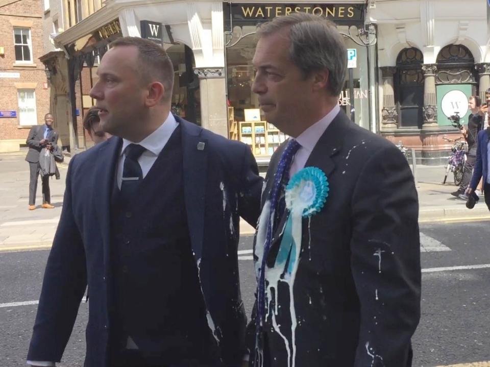 Nigel Farage reportedly got stuck on his Brexit Party campaign bus after people armed with milkshakes surrounded him.The politician is said to have refused to leave the vehicle just days after he was covered in banana and salted caramel milkshake in Newcastle.More follows…