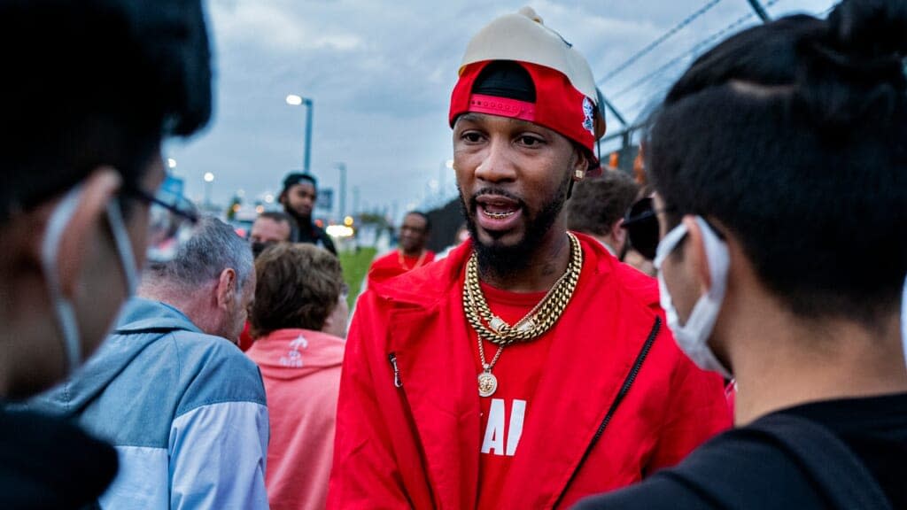 Chris Smalls, president of the Amazon Labor Union, greets supporters at the Amazon distribution center in the Staten Island borough of New York, Monday, Oct. 25, 2021. <br>AP Photo: Craig Ruttle