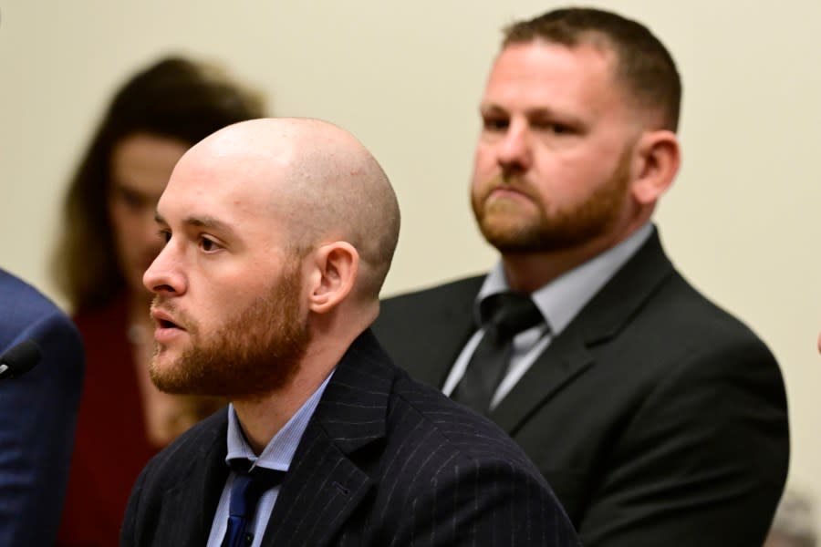 FILE - Former officer Jason Rosenblatt, left, and Aurora Police Officer Randy Roedema, right, at the Adams County Justice Center in Brighton, Colo., Jan. 20, 2023. (Andy Cross/The Denver Post via AP)