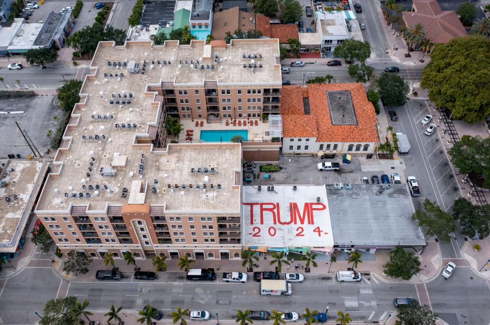 A TRUMP 2024 message is painted on the roof of stores at 508 Lake Avenue on May 10, 2024 in Lake Worth Beach, Florida.