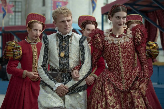 <p>Shanna Besson/Starz</p> Pauline Sagetat as Lady Mary Clare, George Jaques as Francis II, Antonia Clarke as Mary Queen of Scots on 'The Serpent Queen'.