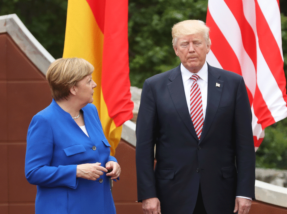 German Chancellor Angela Merkel and US President Donald Trump at the G7 Taormina summit on the island of Sicily on 26 May, 2017: Getty