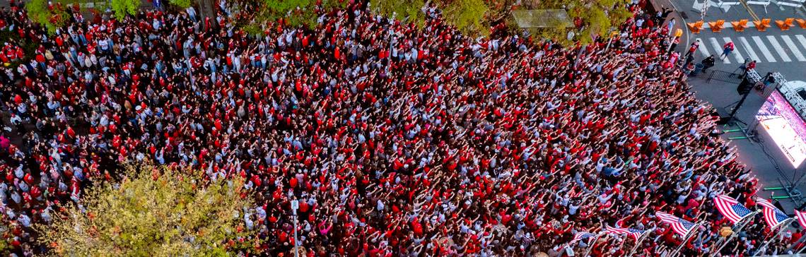 NC State fans watch the Wolfpack play Purdue in the Final Four during a watch party on Hillsborough Street in Raleigh on Saturday, April 6, 2024. Purdue won 63-50. Travis Long/tlong@newsobserver.com