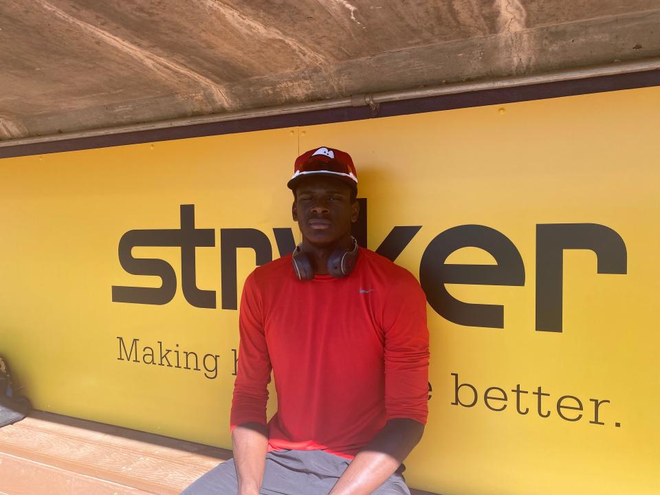 Lansing Lugnuts outfielder Denzel Clarke, shown in the dugout on July 9, 2022, was selected to play in the MLB Futures Game in Los Angeles.