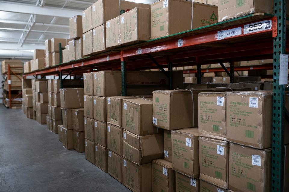 Artificial Christmas tree storage in the warehouse at Bronner's CHRISTmas Wonderland in Frankenmuth, Mich., on Oct. 20, 2021.