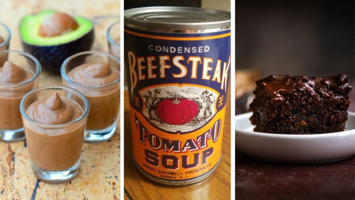 Chocolate pudding made with avocados in glass cups, a can of tomato soup, and a brownie