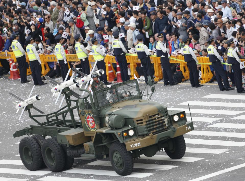 South Korea's Israeli-made Spike missiles are seen during a military parade to mark the 65th anniversary of Armed Forces Day on the street in central Seoul October 1, 2013. South Korea showed off on Tuesday new missiles designed to target North Korea's artillery and long-range missiles and vowed to boost deterrence against its unpredictable neighbor. (REUTERS/Lee Jae-Won)