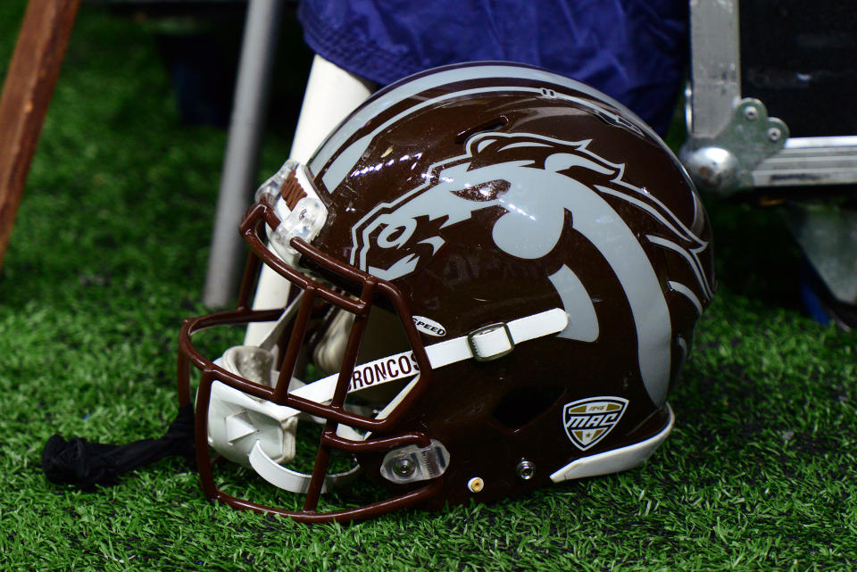 DETROIT, MI - DECEMBER 02: A Western Michigan Broncos helmet sits on the sidelines during the MAC Championship game between the Ohio Bobcats and the Western Michigan Broncos on December 2, 2016, at Ford Field in Detroit, Michigan. (Photo by Michael Allio/Icon Sportswire via Getty Images)