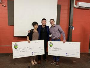 The Hatching Winners: Gloria Trevino and Bryan Lendzion with Emcee & Poet Laureate Masaki Takahashi.